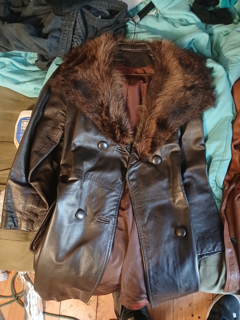 Black Leather Double-Breasted Jacket with Faux Fur Collar